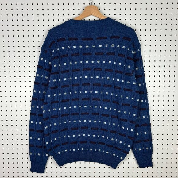Reed St James Blue Knit Sweater Large Grandpa 90s USA Striped Pattern Chunky - Picture 4 of 6
